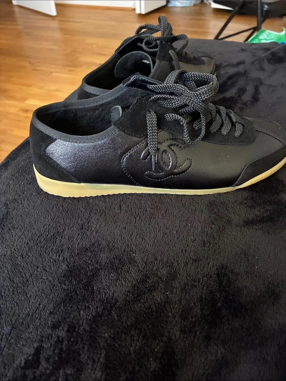 CHANEL Women’s Black Leather & Textile Lace-Up Sneakers